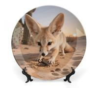 Fennec Fox Digging Bone China Decorative Plate with Display Stand, 7inch Porcelain Wall Hanging Plate for Home Office Decor, Elegant Round Ceramic Plates for Home Decor & Gift Idea