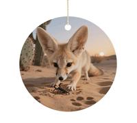 Fennec Fox Digging Ceramic Christmas Ornaments with Gold String - Personalized Double-Sided 2.9 Inch Xmas Tree Decorations, Rustic Winter Hanging Ornaments for Holiday Party Gift