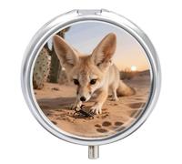 Fennec Fox Digging Pill Box 3 Compartment Round Metal Pill Organizer Portable Mini Travel Medicine Case with Mirror Cute Medicine Container Holder for Pocket Purse