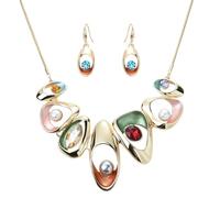 Fenni Jewelry Retro Women's Crystal Floral Petal Leaf Chunky Statement Necklace and Earrings Set Party Jewelry, Resin, Crystal