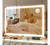 FENNIO Vanity Mirror with Lights 32"x22", Lighted Makeup Mirror, Large Vanity Mirror, Touch Sensor with 3-Color Lighting, 10X Magnification and USB Charging Port for Vanity Desk（Square Gold）