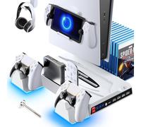 Fenolical PS5/PS5 Slim Stand and Cooling Station Compatible with Playstation 5 Console, PS5 Accessories with Detachable and Individual Controller Charging Station and 3 Levels Cooling Fan (White)