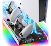 Fenolical PS5/PS5 Slim Stand with Adjustable Cooling Fan, Vertical PS5 Cooling Charger Stand for PS5/PS5 Slim, Multifunctional PS5 Slim Cooling Station with Dual Controller Chargers and RGB Light