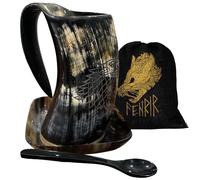 Fenrir - Hot and Cold Coffee Horn Mug with Spoon and Plate, 3 Piece Set, Real Horn (Coffee Color) Natural Organic Shine - 414 ml (14 fl oz)