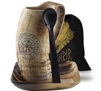 FENRIR - Hot Viking Horn Coffee Mug with Spoon and Bag, 3 Pc Set, Rustic Natural Finish, Safely Holds Hot and Cold Tea, Coffee, Cocoa, Wine, Beer or Mead Cup Size 14-16 oz Viking Compas