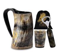 FENRIR Premium Viking Natural Drinking Horn Mug Authentic Food Grade with Short Glass and Bottle Opener for Ale Beer Cold Drink (16-oz 3 Pieces Set Size-6.5 Inch)