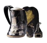 FENRIR Premium Viking Natural Drinking Horn Mug Authentic Food Grade with Short Glass and Bottle Opener for Ale Beer Cold Drink (16-oz 3 Pieces Set Size-6.5 Inch)