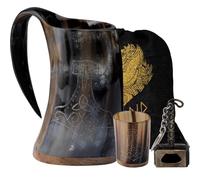 FENRIR Premium Viking Natural Drinking Horn Mug Authentic Food Grade with Short Glass and Bottle Opener for Ale Beer Cold Drink (16-oz 3 Pieces Set Size-6.5 Inch)