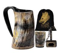 FENRIR Viking Drinking Horn Mug | Thor Bottle Opener Shot Glass | Authentic Ox Horn Medieval Style Mead Tankard | Norse Ale Beer Stein | Loud Cup Tumbler Horn | Unique Gifts for Men | 16-oz