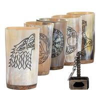 FENRIR Viking Drinking Horn Mugs Set of 5, 100% Authentic Natural Ox Horn Glasses | 10oz Cool Unique Tumbler, Handmade Goblet Medieval Stein for Ale, Mead, Whiskey Gift for Men and Women