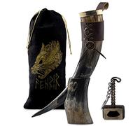 FENRIR Viking Drinking Horn with Stand | Thor Bottle Opener | Authentic Ox Horn Norse Medieval Stein for Ale, Mead, Whiskey | Loud Cup Tumbler Horn | Unique Gifts for Men | 16-oz Natural Polished