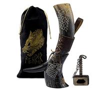 FENRIR Viking Drinking Real Horn with Leather Brown Holster Opener Wolf for Ale Mead Gift for Men and Women 100% Authentic Medieval Norse Horn (Size 15-18 Oz) Natural Shine Finished