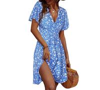 FENSACE Women Summer Dress Short Sleeve V Neck A-Line Summer Midi Dress | Ruffle Short Sleeve, Empire Waist, A-Line, Fit and Flare, Bridal Shower, Wedding, Holiday, Party
