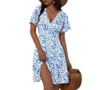 FENSACE Womens Sundress Summer Floral Short Sleeve Wrap V Neck A-Line Midi Dress, White Blue Floral-80, S