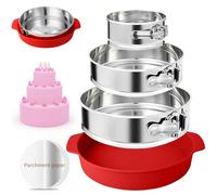 FENSIDEN 4, 7, 9 Inches Springform Pan Set - 304 Stainless Steel Nonstick Springform Cake Pan Set with Removable Bottom, 10 Inch Leakproof Silicone Cheesecake Pan Protector with 60 Pcs Parchment Paper