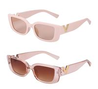 Fentar 2 Pcs Retro Sunglasses for Women, UV400 Square Sunglasses with Fashion Temple, Trendy Ladies & Teens Sun Glasses for Party/Outdoor (Pink/Light Brown)