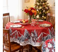 Fentar Round Christmas Table Cloth, Linen Christmas Round Tablecloth 140cm | Red Festive Table Cloth with Snowman Snowflake Pattern, Fabric Xmas Tablecloth for Party ,Wrinkle-proof Tables Xmas Decor
