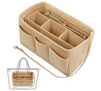 Fentar Tote Bag Organiser Insert, Beige Felt Handbag Insert, 27x16x15cm | Designed with Multiple Compartments and Key Chain, Zipper Tote Bag Insert, Compatible with LV speedy 30/Marc Jacobs Tote bag