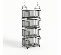 Fenteer Kitchen Storage Basket Under Shelf Organizer Rack With Installation And Top Hooks Ventilated Wire Frame For Dry Goods And Staples suitable for pantry kitchen closet, Black, Four Tiers