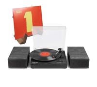Fenton Bluetooth Turntable Record Player with Speakers and Retro Wooden Vinyl Holder Set, 33/45/78 RPM, Automatic Stop, Stylish Black/Grey Finish Home Audio System