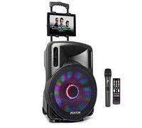 Fenton FT-15LED Portable Karaoke Machine Speaker Set PA System with Bluetooth, 1 Wireless Microphone, Disco Light Effect & Tablet Mount - Battery or Mains Powered