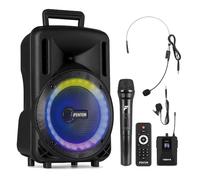 Fenton FT08LED MK2 8" Portable PA Speaker System with Wireless Handheld and Headset Microphones, LED Lighting, Bluetooth, USB and Battery Power (300W)