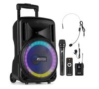 Fenton FT10LED MK2 10-Inch Portable Battery PA Speaker System with Wireless Microphones, Bluetooth & MP3 Playback, Integrated Trolley & LED Light Effects for Performances & Events