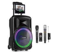 Fenton FT12LED MK2 12" Karaoke Speaker System with Dual UHF Wireless Microphones, Bluetooth, Tablet Holder & LED Lights - Portable Battery or Mains Powered Karaoke Machine for Adults & Parties