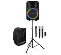Fenton FT12LED MK2 Portable PA System Package with 3 Wireless Mics, Tripod, and Custom Cover - 12” Rechargeable Bluetooth Speaker, Complete Karaoke Party Solution for Events, Home, DJs, Outdoor Use