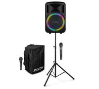 Fenton FT12LED MK2 Portable PA System with Stand, Cover, Wireless & Wired Mic - Battery Powered Bluetooth Speaker for Karaoke, Parties & Events - LED Lights, 12" Woofer