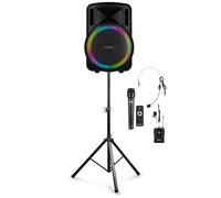 Fenton FT15LED MK2 15" Battery Powered Portable PA System with Bluetooth, Wireless Handheld and Headset Mics, Adjustable Speaker Stand - 800W Active Speaker Set for Fitness and Live Events
