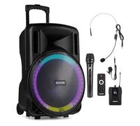 Fenton FT15LED MK2 15" Battery Powered Portable PA System with Bluetooth, Wireless Handheld & Headset Microphones, LED Lighting, Ideal for Fitness Classes, Live Performances & Public Speaking