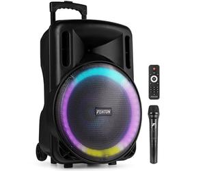 Fenton FT15LED MK2 15-Inch Portable PA System, 800W, Battery, Mic | Bluetooth stereo pairing, USB & microSD playback, LED lights, wheels, telescopic handle
