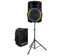 Fenton FT15LED MK2 Portable PA System Bundle with Stand & Cover - 800W Rechargeable Bluetooth Speaker, Wireless Microphone, Telescopic Handle, 15-Inch Woofer, Adult Karaoke System & Party Speaker Kit