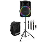 Fenton FT15LED MK2 Portable PA System with 3 Wireless Mics, Stand & Cover, 800W Battery Party Speaker, Bluetooth, Karaoke, Outdoor Events, Adults Karaoke System