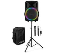 Fenton FT15LED MK2 Portable PA System with Dual Wireless Microphones, Custom Cover & Stand, 15" Speaker, Bluetooth, Battery Powered, Karaoke Party & Event Audio Kit