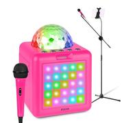 Fenton KAR15P Pink Karaoke Machine with Bluetooth Speaker System, Tablet Holder, Mic Stand, 2 Microphones, LED Disco Lights, Voice Effects, Portable Karaoke with Tablet Holder