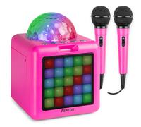 Fenton KAR15P Portable Bluetooth Karaoke Machine Speaker for Kids, Pink with LED Lights, 2 Microphones, USB-C Rechargeable Battery, 15W Power, Bluetooth 5.3