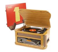 Fenton Memphis Vintage Vinyl Record Player with Built-in Speakers, CD, Cassette, DAB+ Radio and Retro Wooden Vinyl Record Display Stand - Light Wood Finish