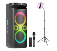 Fenton Pulse130 Portable Karaoke Machine Set, 2x 6.5" Speakers, 260W Output, Bluetooth 5.3, Tablet Stand, Wireless UHF Microphone, 12hr Battery, LED Lights, Recording, Splashproof, Adults & Parties