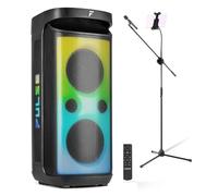 Fenton Pulse160 2x8" karaoke machine with weatherproof Bluetooth speakers, wireless microphone, rechargeable battery, adjustable microphone stand and tablet holder.