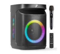 Fenton Pulse65 portable splashproof party speaker with Bluetooth 5.3, wireless mic, 12hr battery, multicolour lights, stereo pairing, IPX4, USB, FM radio, for karaoke, events, indoor & outdoor use