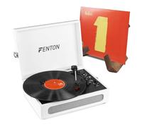 Fenton RP118F Retro Briefcase Vinyl Player with Bluetooth Output, Suitcase Record Player with Built-In Speakers & Wooden Vinyl Record Holder, White PU Leather Finish, Includes USB MP3 Conversion Kit