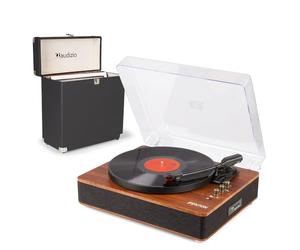 Fenton RP162D Modern Record Player with Bluetooth Output, Record Case, Built-In Speakers, 3-Speed Vinyl Player, MP3 Playback, Walnut Turntable for Home Use