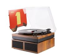 Fenton RP165B Bluetooth Vinyl Record Player with Speakers & Retro Vinyl Record Holder Set - Vintage Turntable with Stereo Speakers, Lightwood Finish