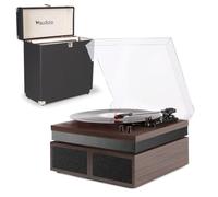 Fenton RP165D Modern Record Player with Speaker, Bluetooth, 3-Speed Settings (33 1/3, 45, 78 RPM), 100W Output, Vinyl Case, Dark Wood, Record Storage Case