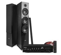 Fenton SHF80B Floor Standing HiFi Tower Speaker System with Audizio AD220B Bluetooth Amplifier & Speaker Cable Kit - Home Stereo System, 500W, 3-Way Sound, Black Finish