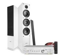 Fenton SHF80W Floor Standing HiFi Tower Speaker System Set in White - Home Stereo System Kit with Audizio AD220A Bluetooth Amplifier, Bass Reflex Technology, Speaker Cable Included