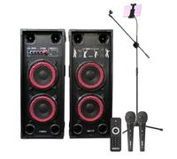 Fenton SPK-208 2x8" Karaoke System with Bluetooth Party Speakers, Dual Wired Vocal Microphones, Adjustable Mic Stand & Tablet Holder - Ideal for Home Karaoke Parties & DJ Setups