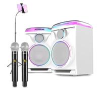 Fenton Track 2.0 All-in-One Karaoke System Bundle with Wireless Microphones, Wired Mic, LED Speakers, Bluetooth, Tablet Stand - Home Party & Family Karaoke Set - White